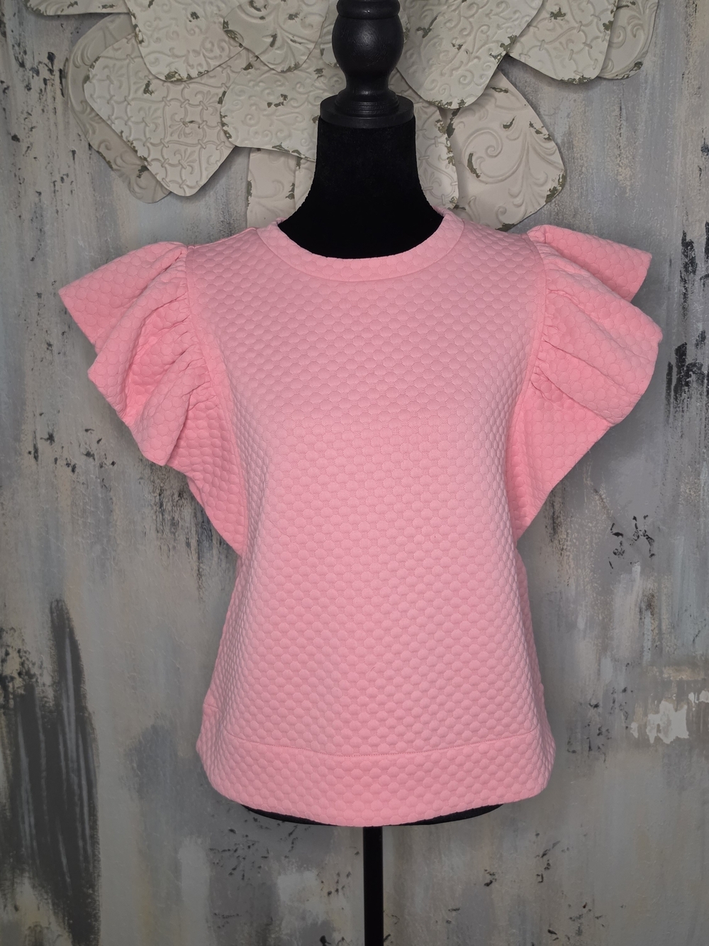 JODIFL Pink Quilted Short Sleeve Ruffle Top Size Small